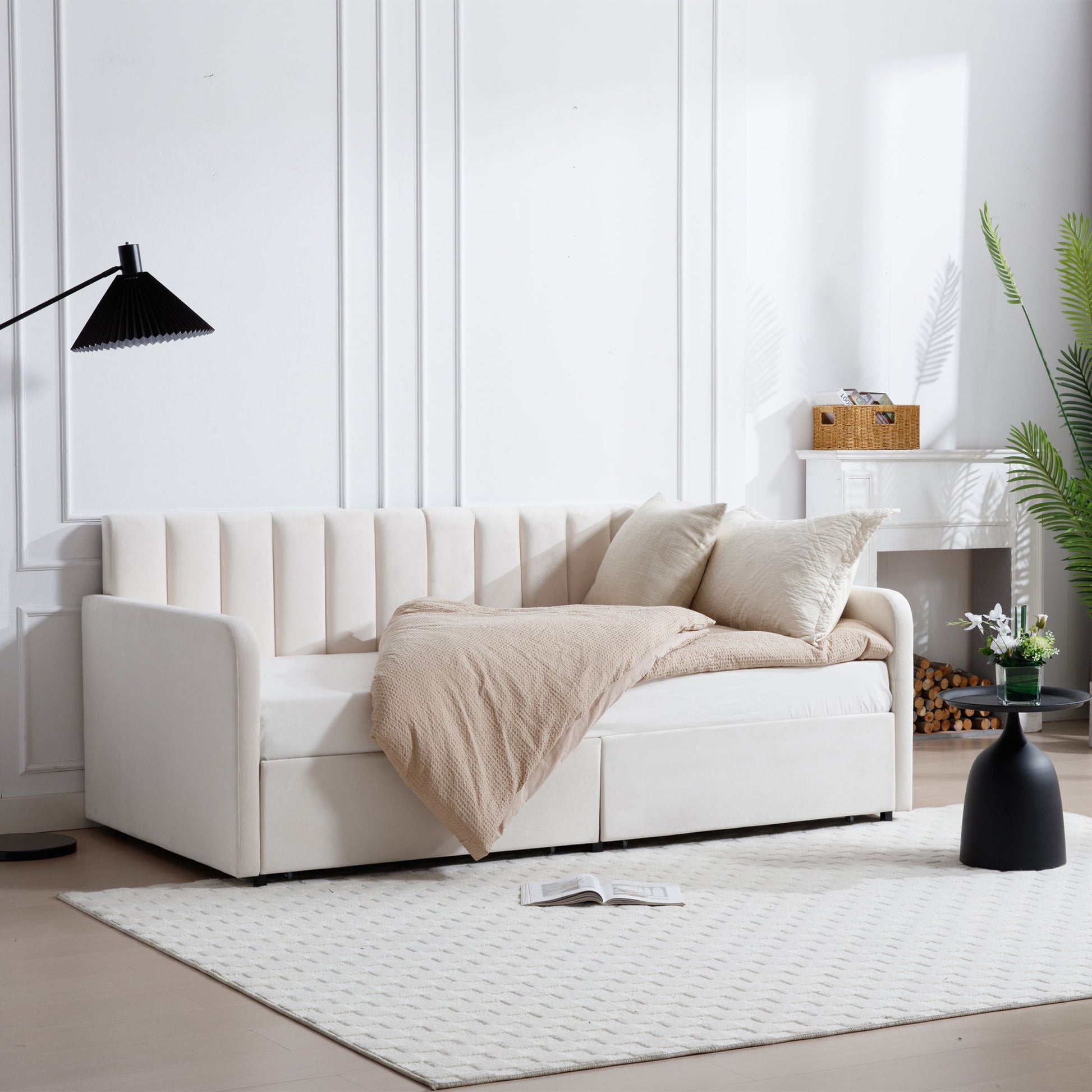 Flora - Upholstered Daybed With 2 Drawers Ribbed Tufted Backrest in Lavish Modern Design House & Home Furniture