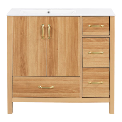36" Bathroom Vanity, 2 Soft Close Doors, 4 Soft Close Drawers, Adjustable Shelf, Storage Cabinet - Acacia Wood Hearth and Haven
