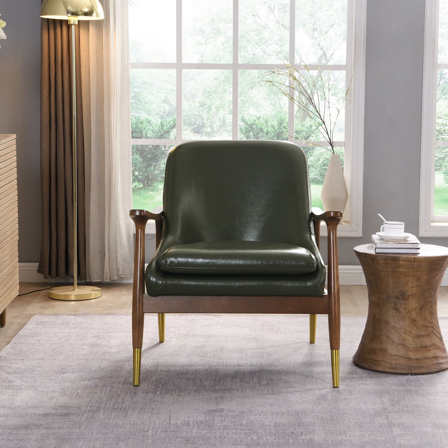 Mid - Century Accent Chair With Cushioned Seat, Brass Tipped Legs Noble House