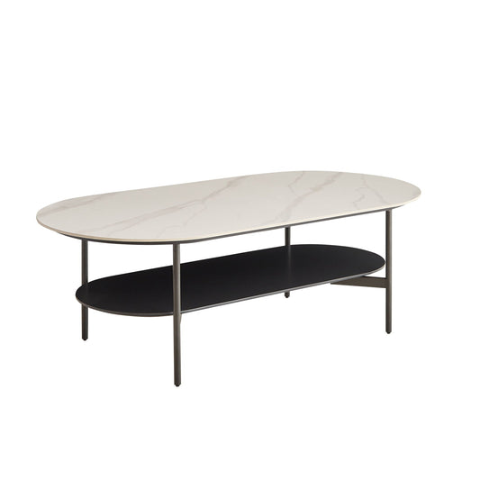 Contemporary Coffee Table Sintered Stone Surface With Ceramic Finish Double Layer Design Base Matte Shelf Modern Living Room Center Table - White / Gray Home Essentials