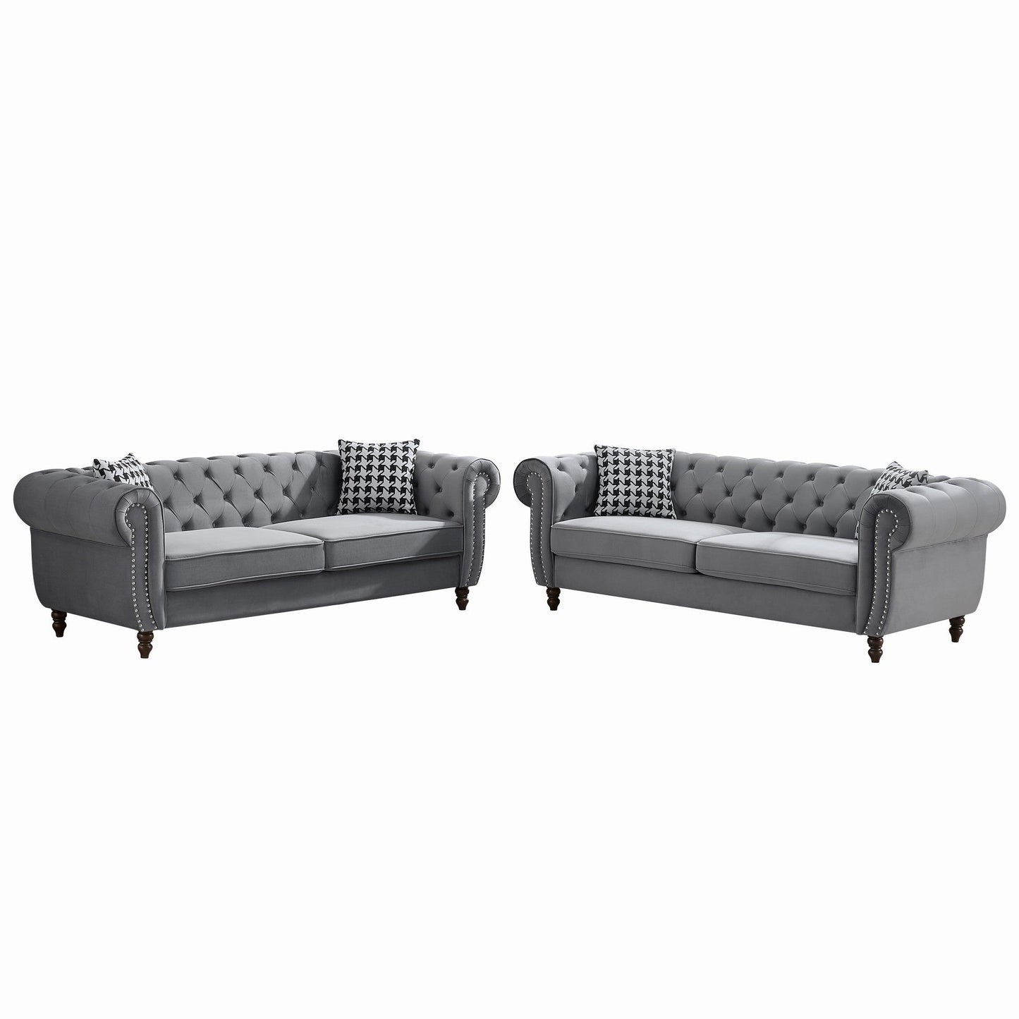 Chesterfield Upholstery Fabric Sofa With Roll Armrest & Nailhead, Mid Century Modern 3 And 3 Seater Couch Home Essentials
