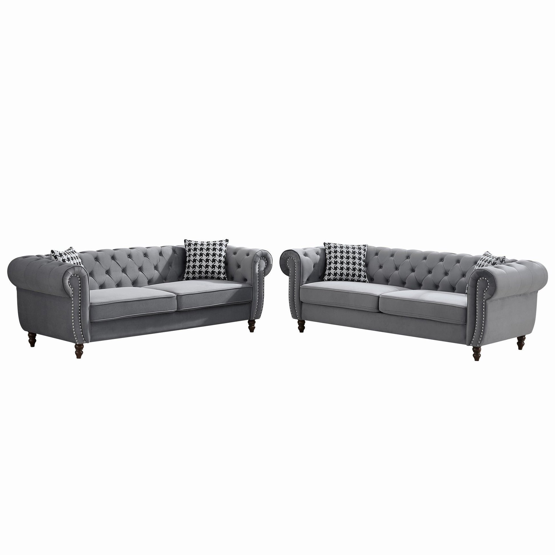 Chesterfield Upholstery Fabric Sofa With Roll Armrest & Nailhead, Mid Century Modern 3 And 3 Seater Couch Home Essentials