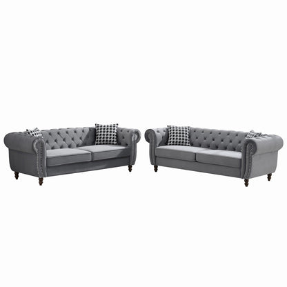 Chesterfield Upholstery Fabric Sofa With Roll Armrest & Nailhead, Mid Century Modern 3 And 3 Seater Couch Home Essentials