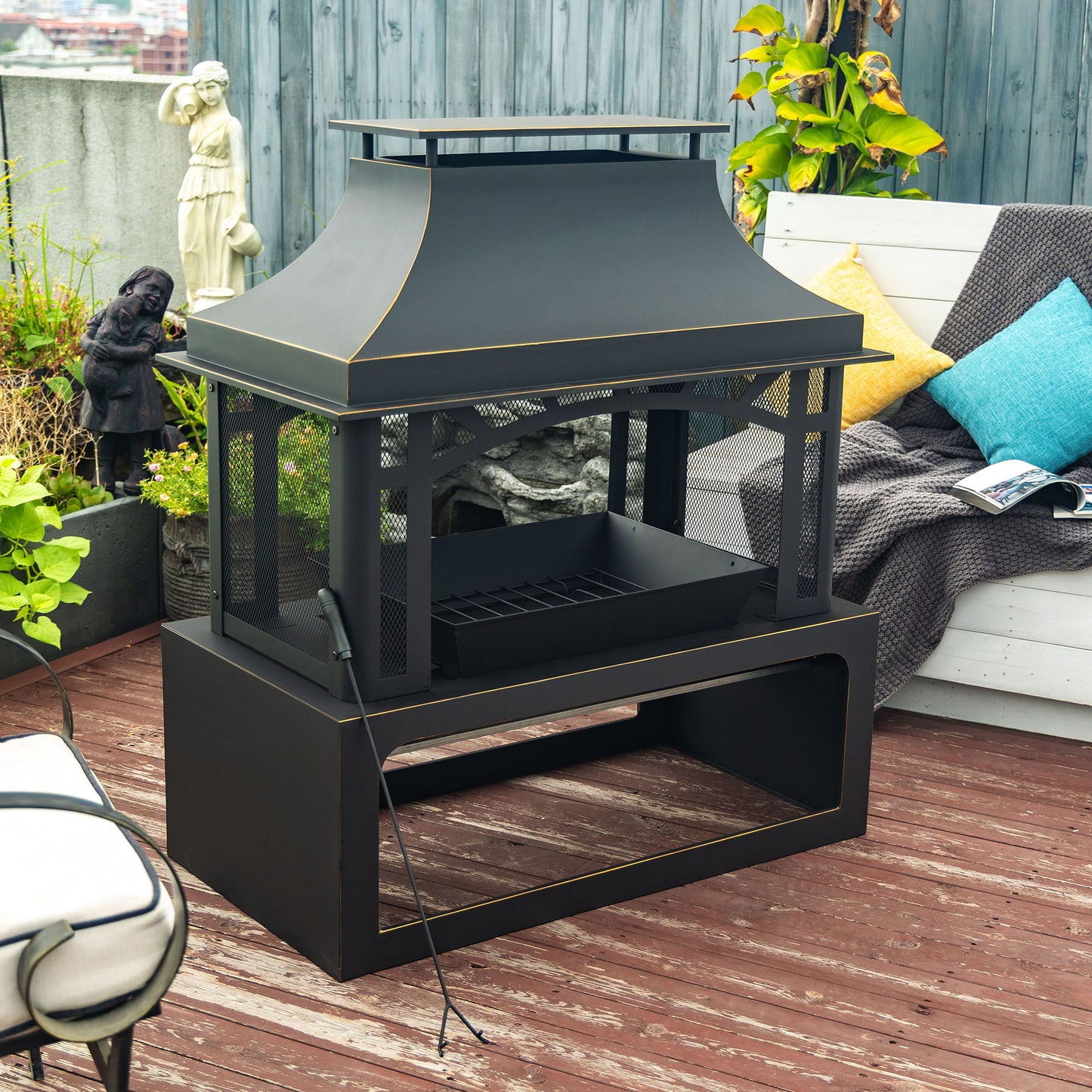 40" Wood Burning Fireplace, 50000 Btu Steel Fire Pit, Wood Burning Chimney For Outside Patio Deck Garden Backyard - Black Home Essentials