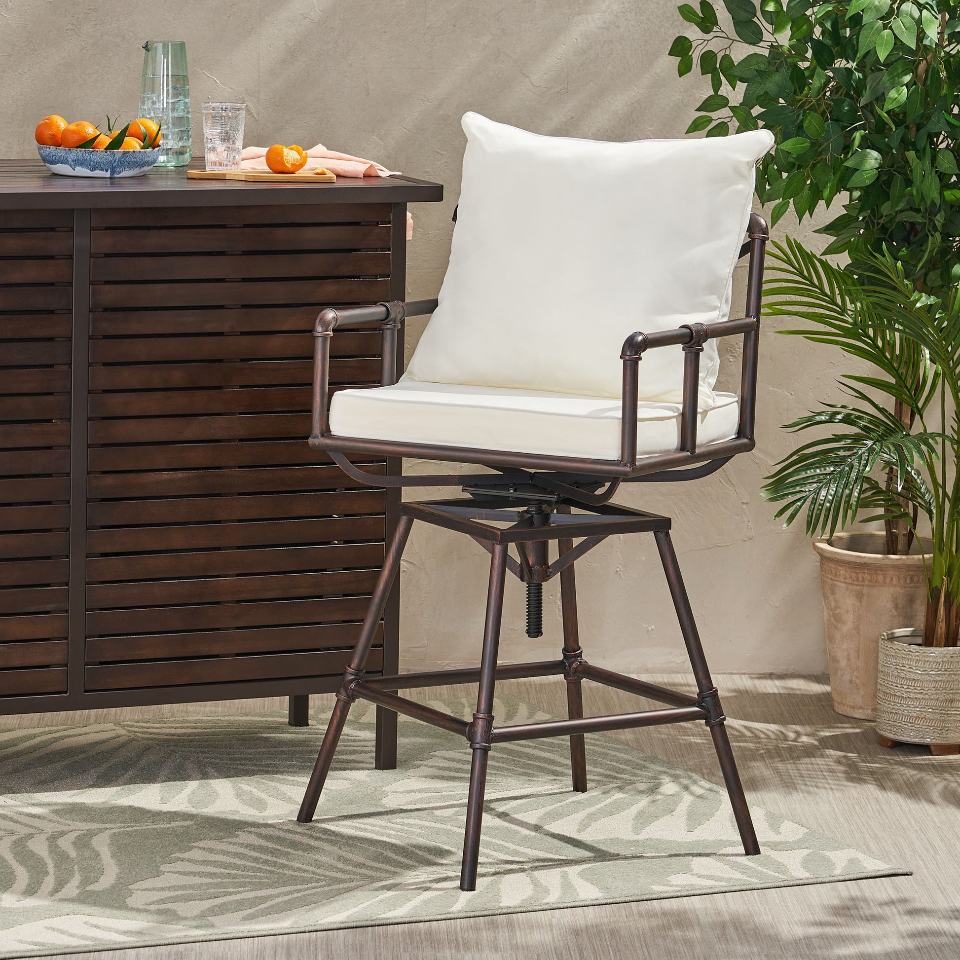 Industrial Outdoor Patio Plumber's Iron Frame Swivel Barstool With Cushions, Height Adjustable Noble House