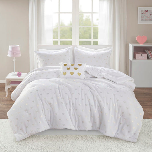 Rosalie - 4 Piece Full/Queen Metallic Printed Plush Comforter Set With Throw Pillow - White/Gold Mi Zone