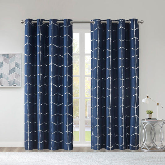 Raina - 84" Total Blackout Metallic Print Grommet Top Curtain Panel - Navy