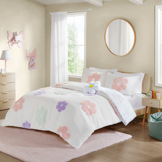 Gracie - Floral Reversible Tufted Chenille Comforter Set With Flower Throw Pillow - White/Purple Urban Habitat Kids