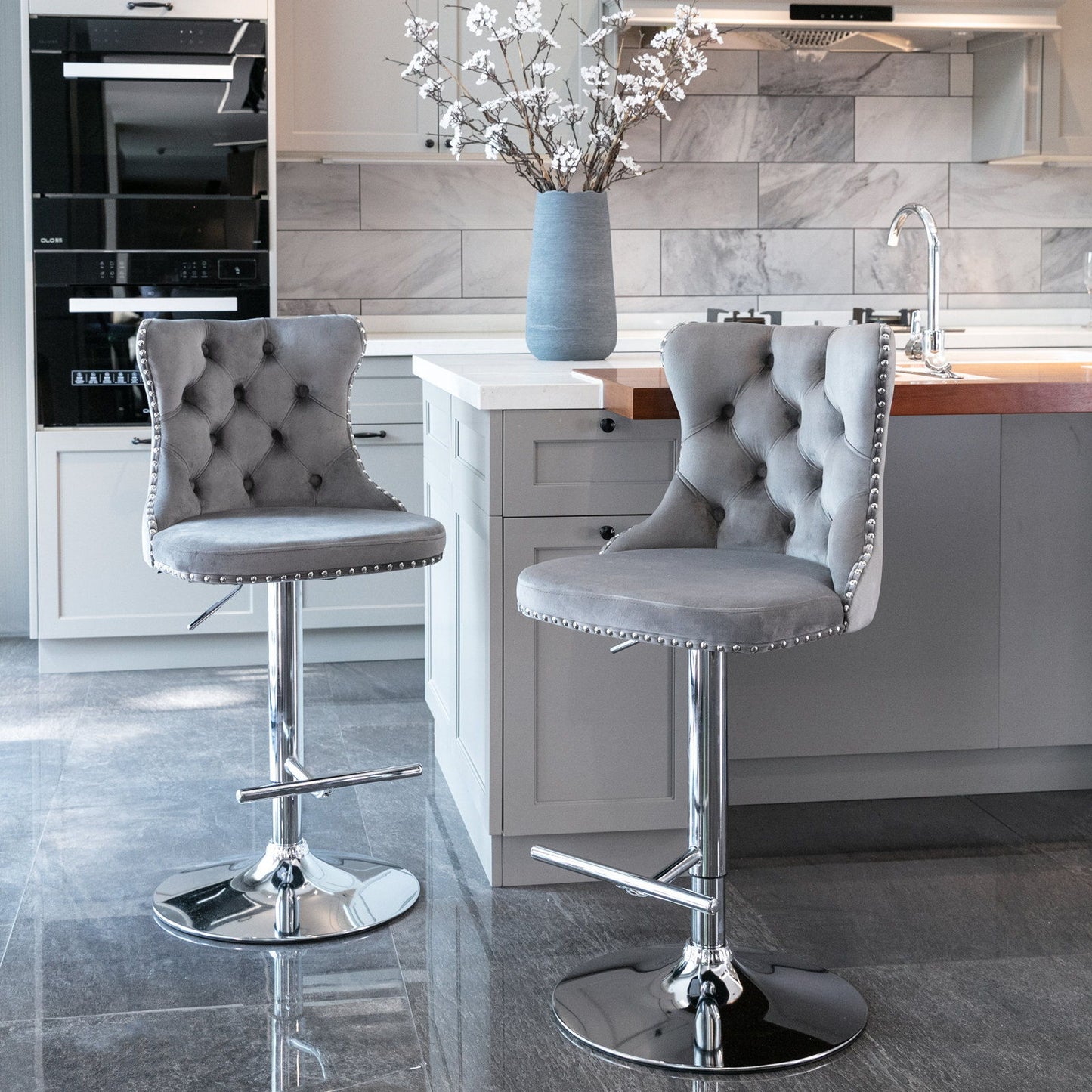 Swivel Velvet Barstools Adjusatble Seat Height From 25-33", Modern Upholstered Chrome Base Bar Stools With Backs Comfortable Tufted For Home Pub And Kitchen Island (Set of 2) Home Essentials