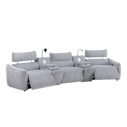 Fullar - Modular Power Motion Sectional Sofa With Console, 2 Wireless Chargers, 4 Cupholders, And 2 Speakers, 1 Phone Holder And 1 Reading Light, Adjustable Headrest - Light Gray Acme