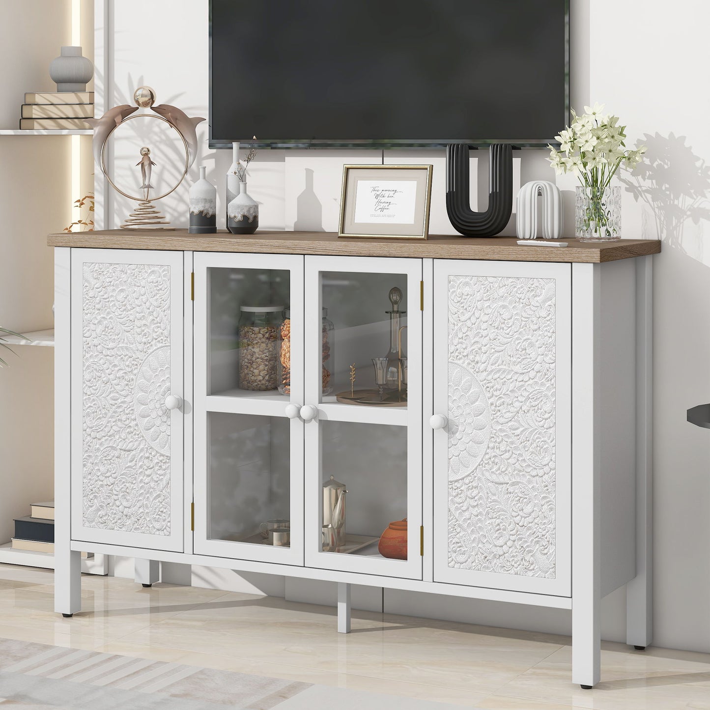 Retro TV Stand With 3 Spacious Cabinets, Glass Cabinet Doors And Anti-Tip Device Hearth and Haven