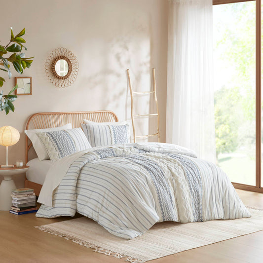 Imani - Cotton Printed Duvet Cover Set With Chenille - White INK+IVY