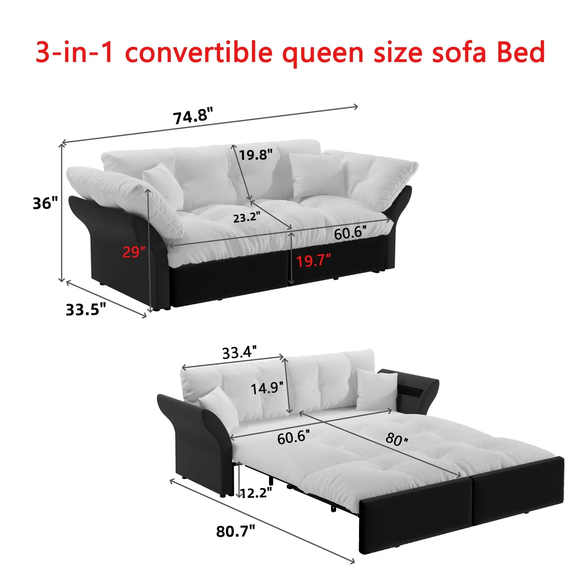 Queen Pull Out Sofa Bed, 3 In 1 Convertible Sleeper Tufted Sofa With 2 Soft Pillows Home Essentials