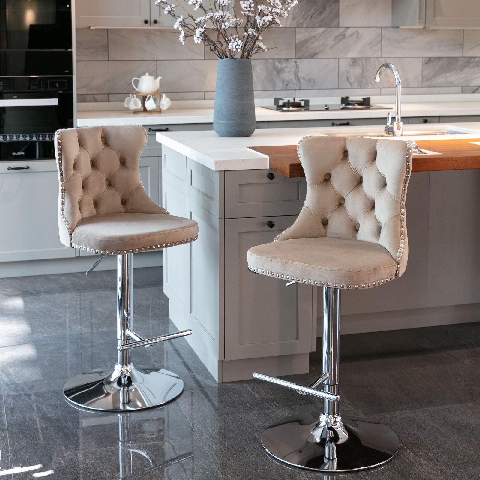 Swivel Velvet Barstools Adjusatble Seat Height From 25-33", Modern Upholstered Chrome Base Bar Stools With Backs Comfortable Tufted For Home Pub And Kitchen Island (Set of 2) Home Essentials