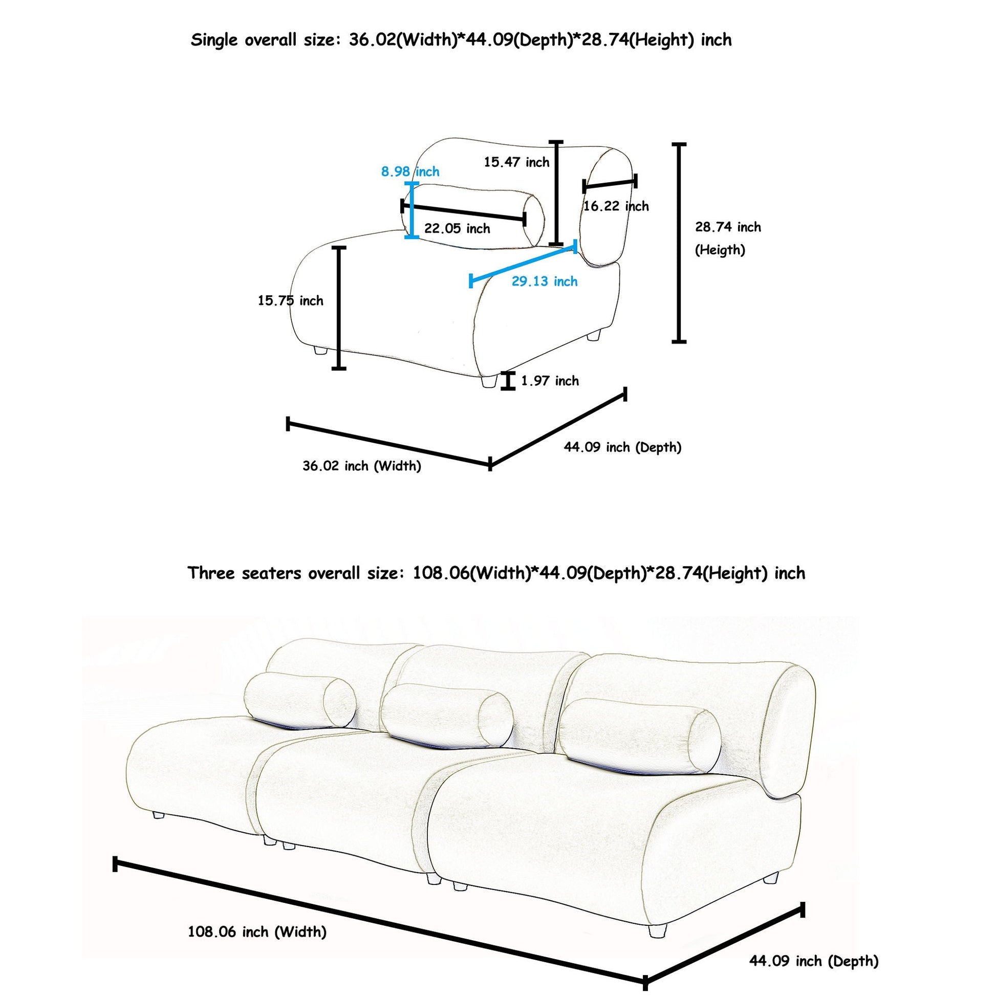 Contemporary Modular 3 Seat Sectional With Deep Seating, Soft Backrest Home Essentials
