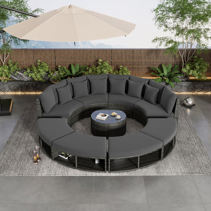 Outdoor Patio Furniture Luxury Circular Sofa Set Rattan Wicker Sectional Sofa Lounge Set With Tempered Glass Coffee Table, 6 Pillows