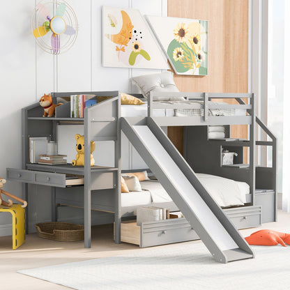 Bunk Bed With Storage Staircase, Slide, Desk, Drawers, And Shelves Hearth and Haven