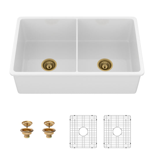 32" Undermount Double Bowl Kitchen Sink Rectangular Deep Dual Bas With Grids - White Daily Nest