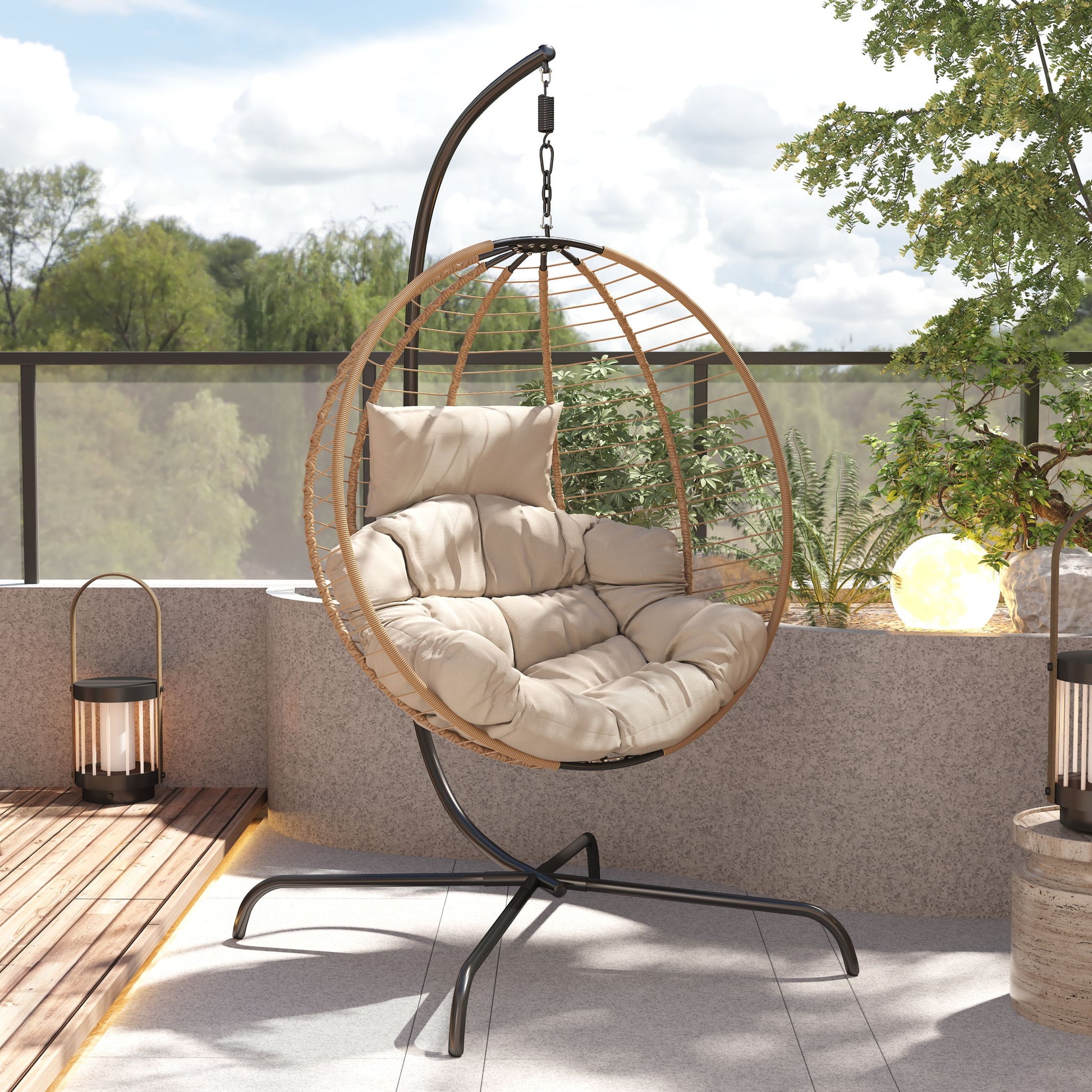 Sora - Outdoor Patio Wicker Hanging Chair With Stand - Beige / Brown Noble House