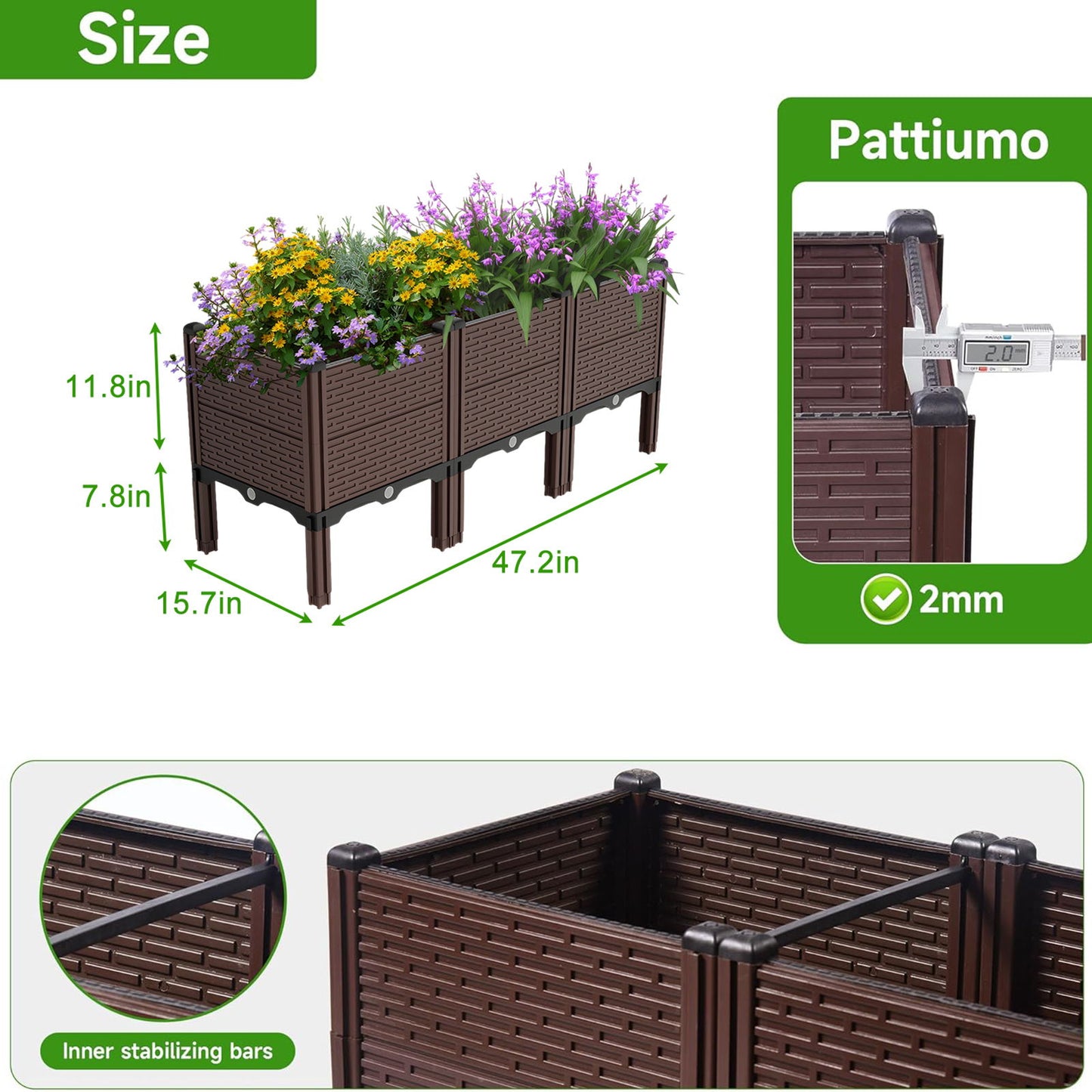 Raised Garden Beds Outdoor, Polypropylene Planter Boxes Outdoor For Vegetables, Flowers, Herbs, Garden Box With Drain Outlet, Heat And Frost Resistant Planters - Black / Brown Daily Nest