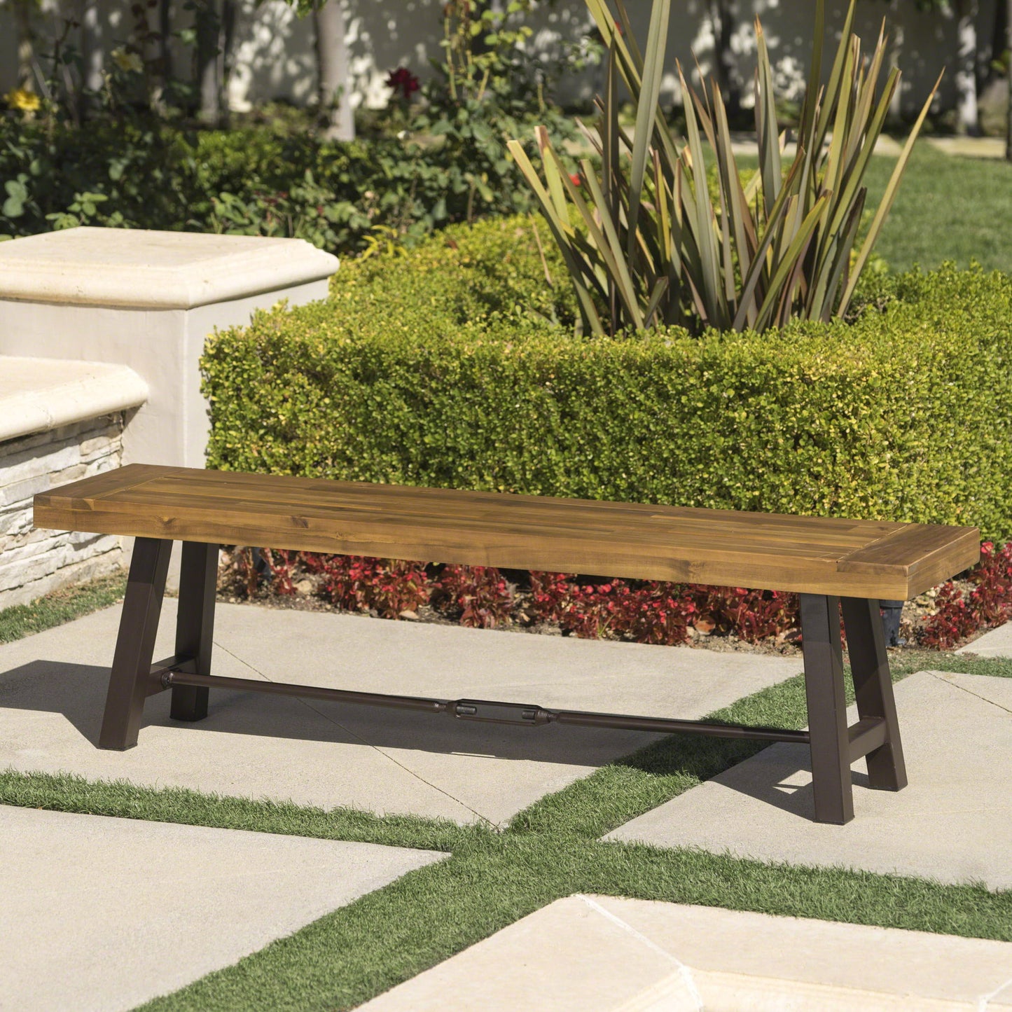 Blossom - Acacia Wood Outdoor Bench With Slat Design - Rustic Noble House