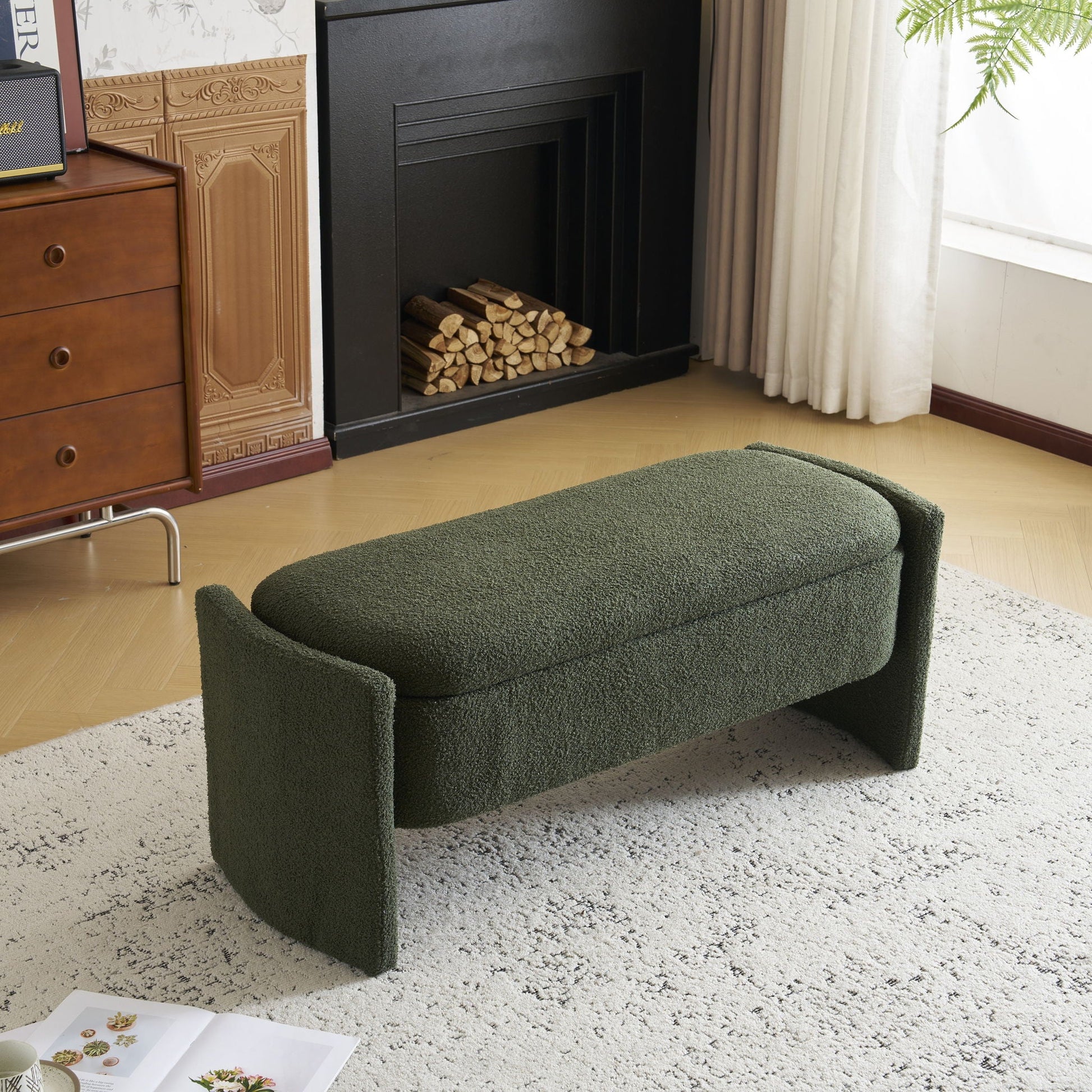 Elegant Long Shaped Storage Ottoman Bench, Boucle Material, Simple And Grand Design - Dark Green Noble House