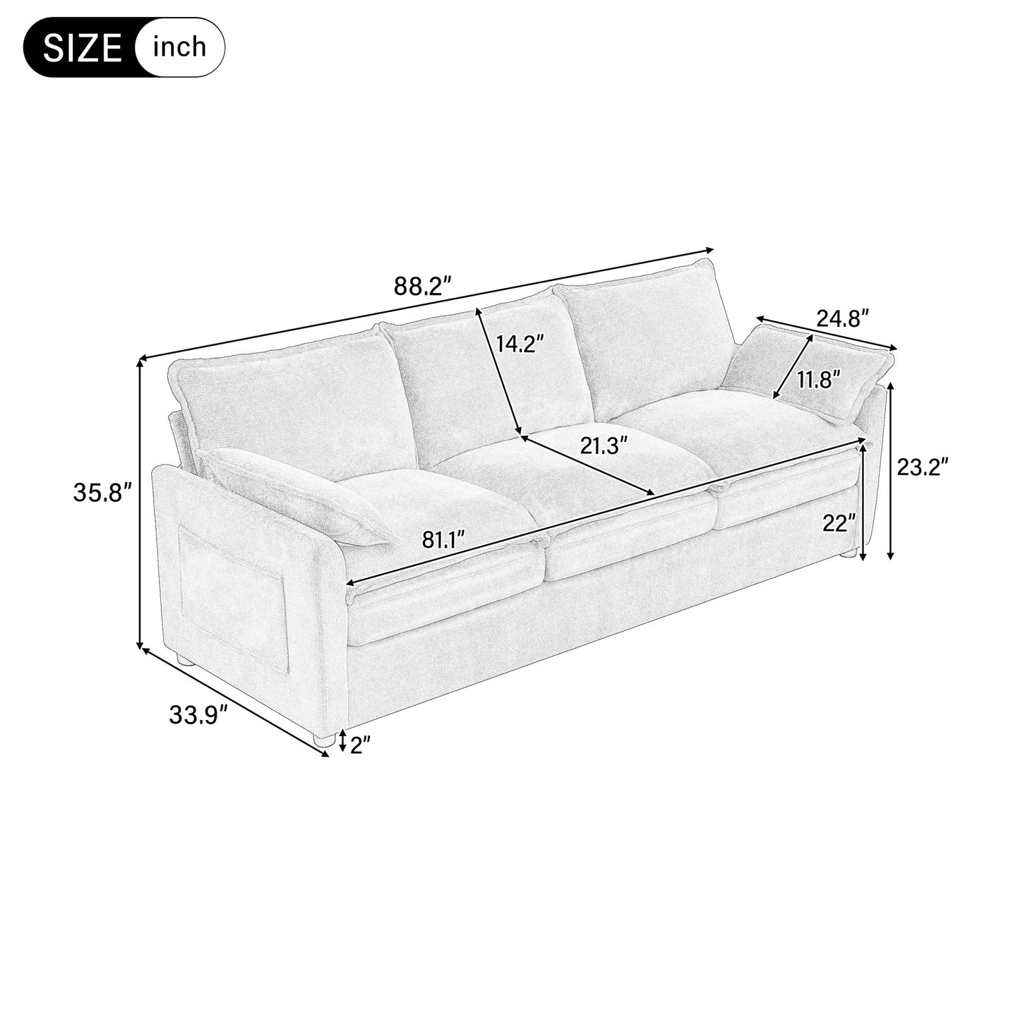 Modern Sofa Set With Double Layer Cushion And Side Storage Pockets Hearth and Haven