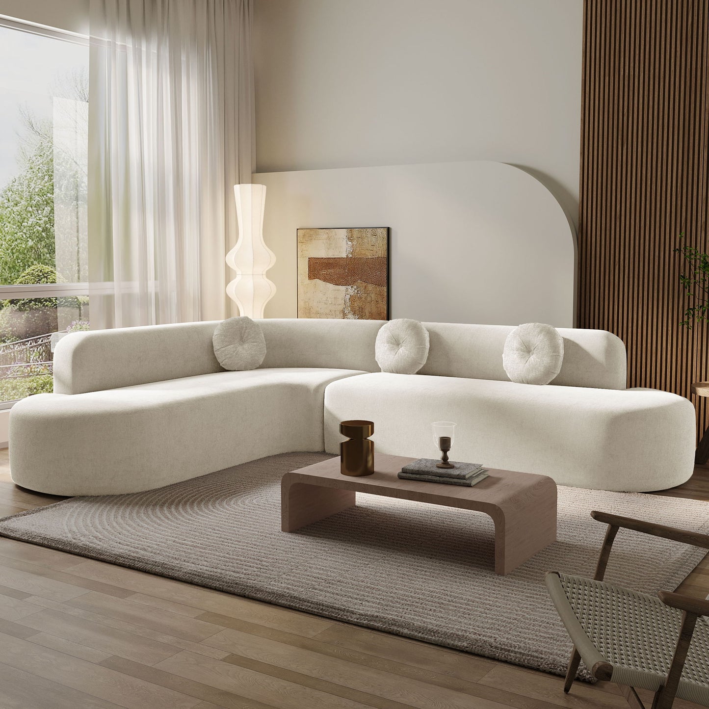Extra Large Sectional Sofa Soft Fabric Upholstery, Elegant Curved Design With 3 Round Cushions, High - Resilience Foam For Ultimate Comfort - Beige Noble House