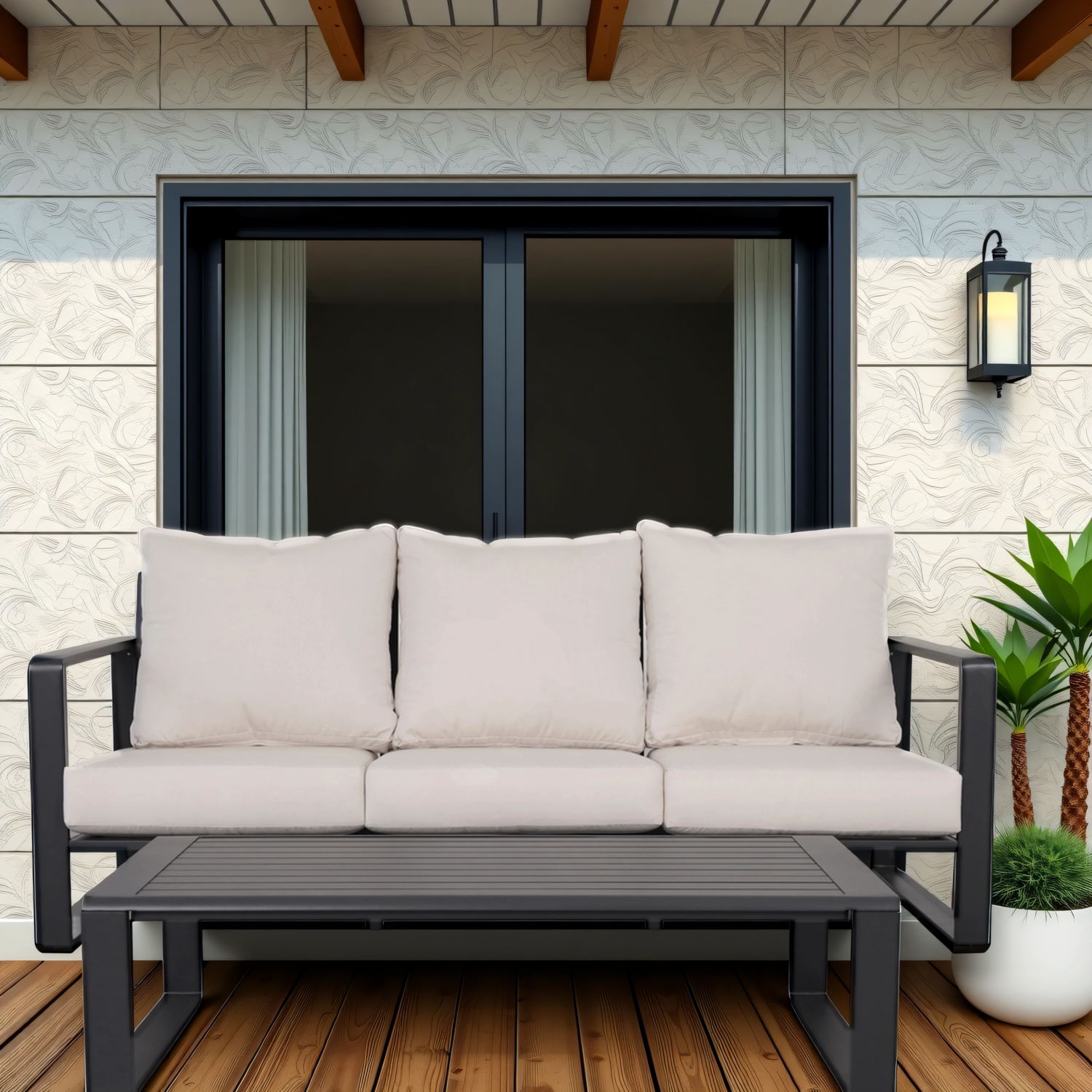 3 Person Sofa With Rectangular Coffee Table, Cushions Tino Tino - Beige LSI Patio Furniture