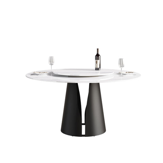 Modern Artificial Stone Round Carbon Steel Base Dining Table, Can Accommodate 6 People, Black Artificial Stone Turntable Home Essentials