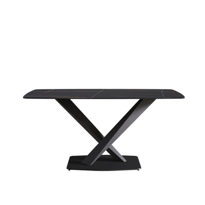 63" Artificial Stone Black Curved Black Metal Leg Dining Table - Black Home Essentials