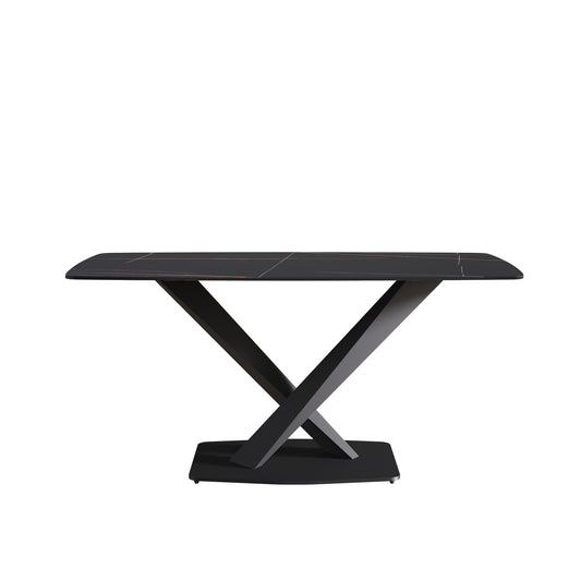 63" Artificial Stone Black Curved Black Metal Leg Dining Table - Black Home Essentials