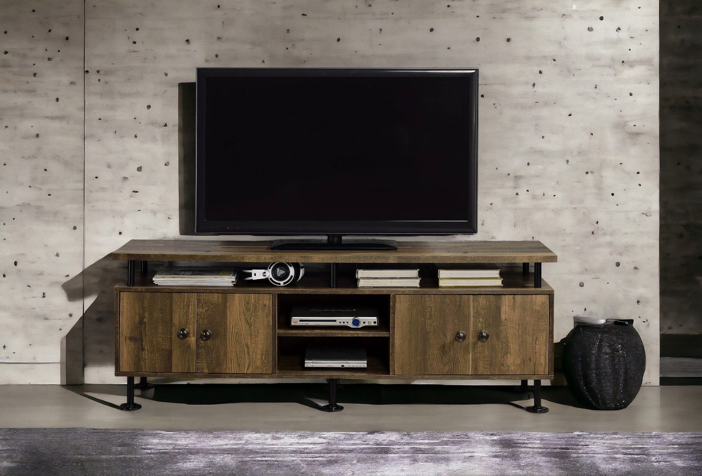 Ensata II - TV Stand - Rustic Oak / Black Acme