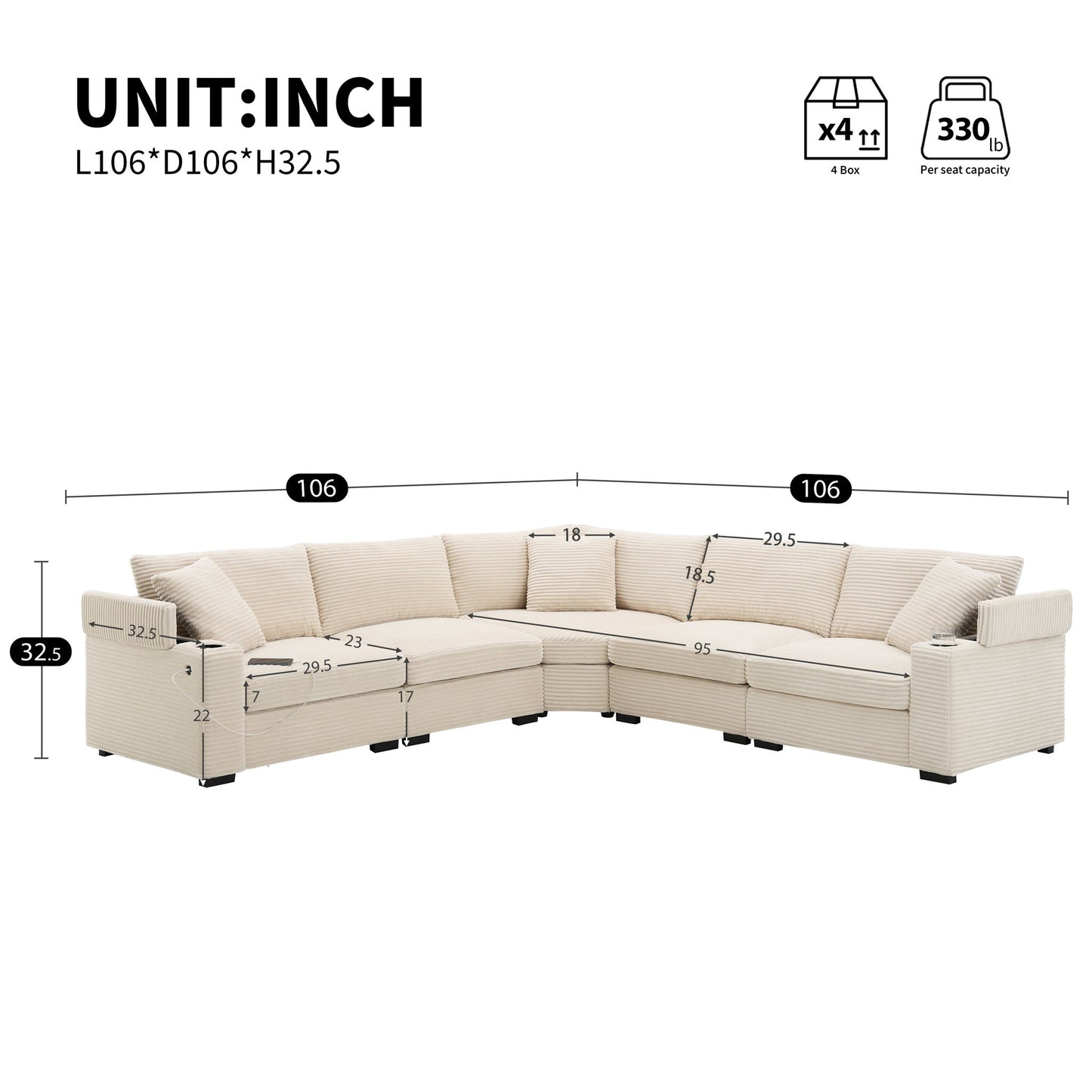 Convertible L Shaped Sectional Corner Couch With Armrest Storage Cup Holders USB Charger, Irregular Corner Oversized Comfy Modular Sofa Luxe & Co.