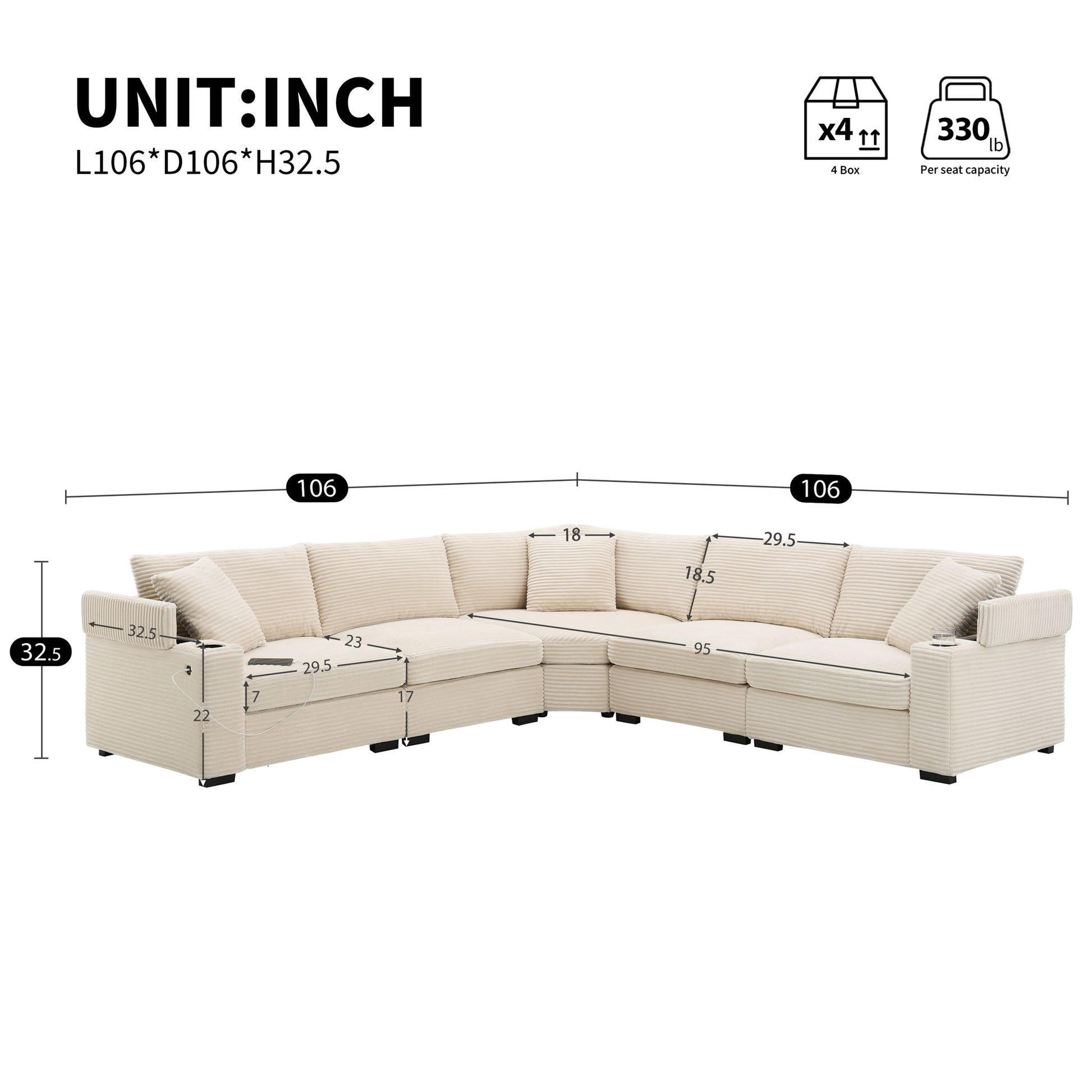 Convertible L Shaped Sectional Corner Couch With Armrest Storage Cup Holders USB Charger, Irregular Corner Oversized Comfy Modular Sofa Luxe & Co.