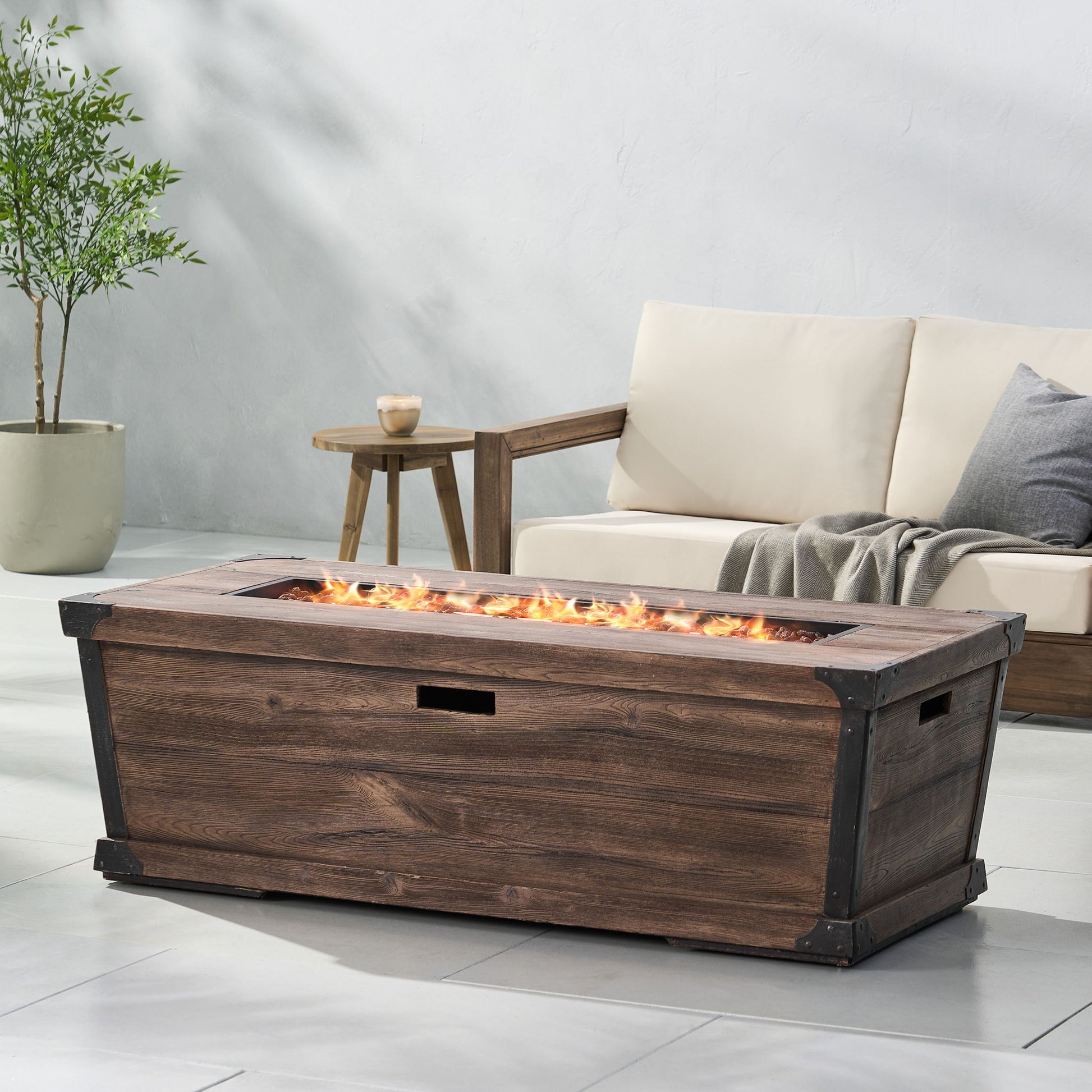Outdoor Patio Rectangle Gas Burning Fire Pit 50, 000 Btu, Wood Pattern - Brown Noble House