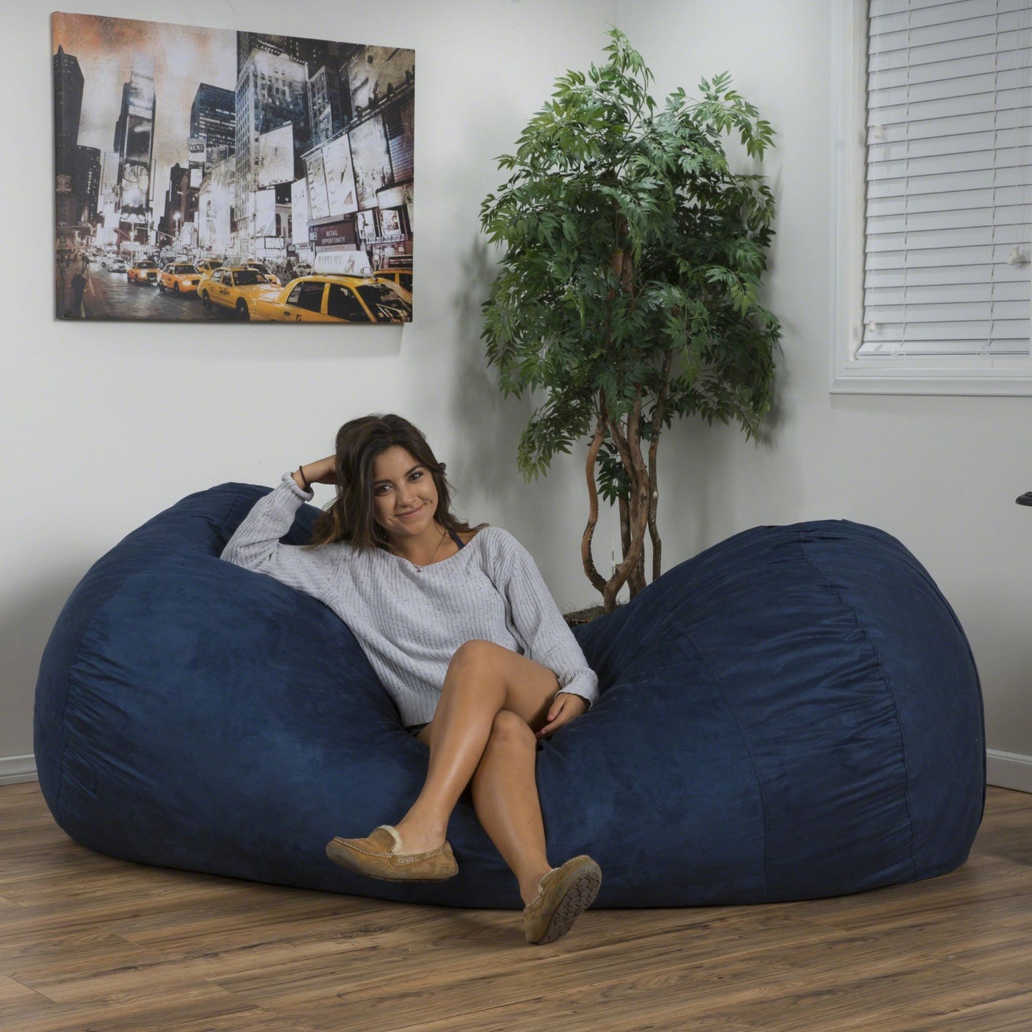Marlin - 6.5 Foot Cylindrical Bean Bag With Removable Suede Cover - Midnight Blue Home Essentials