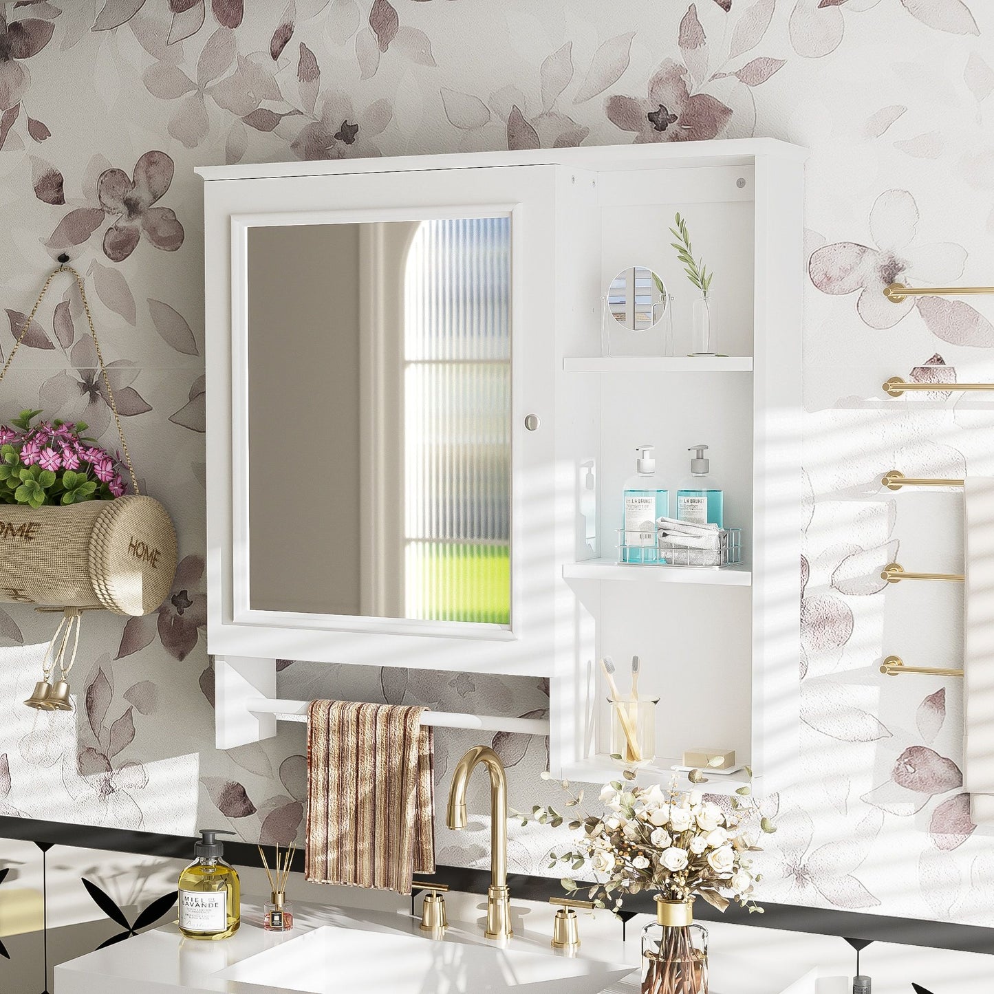 Wall Mounted Bathroom Storage Cabinet, Medicine Cabinets With Large Mirror Door, Adjustable Shelves And Three Open Storage Levels(Not Include Bathroom Vanity) Hearth and Haven