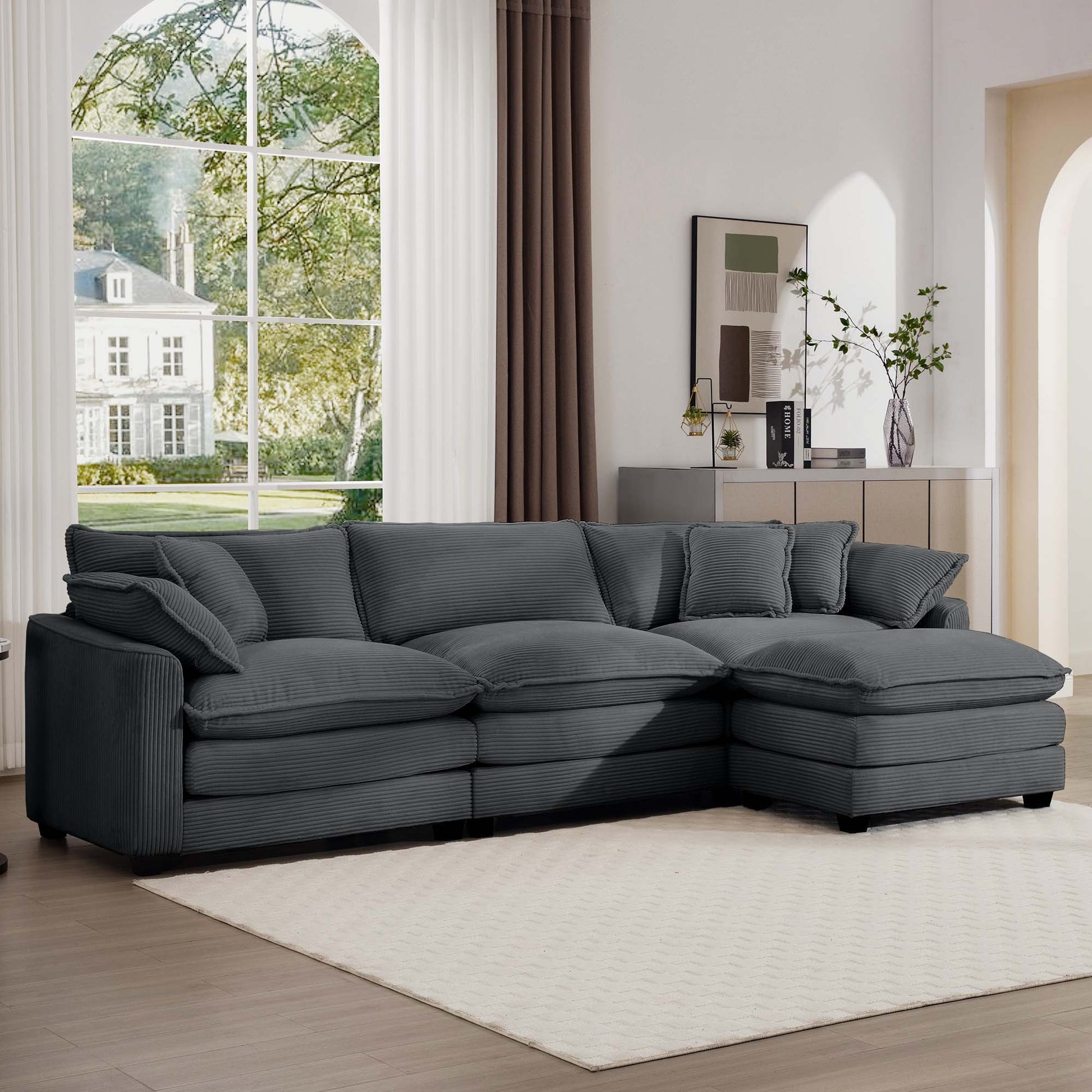Modern Oversized Modular Cushion Sofa With Ottoman, Low Back, Deep Seating Sofa Set Home Essentials