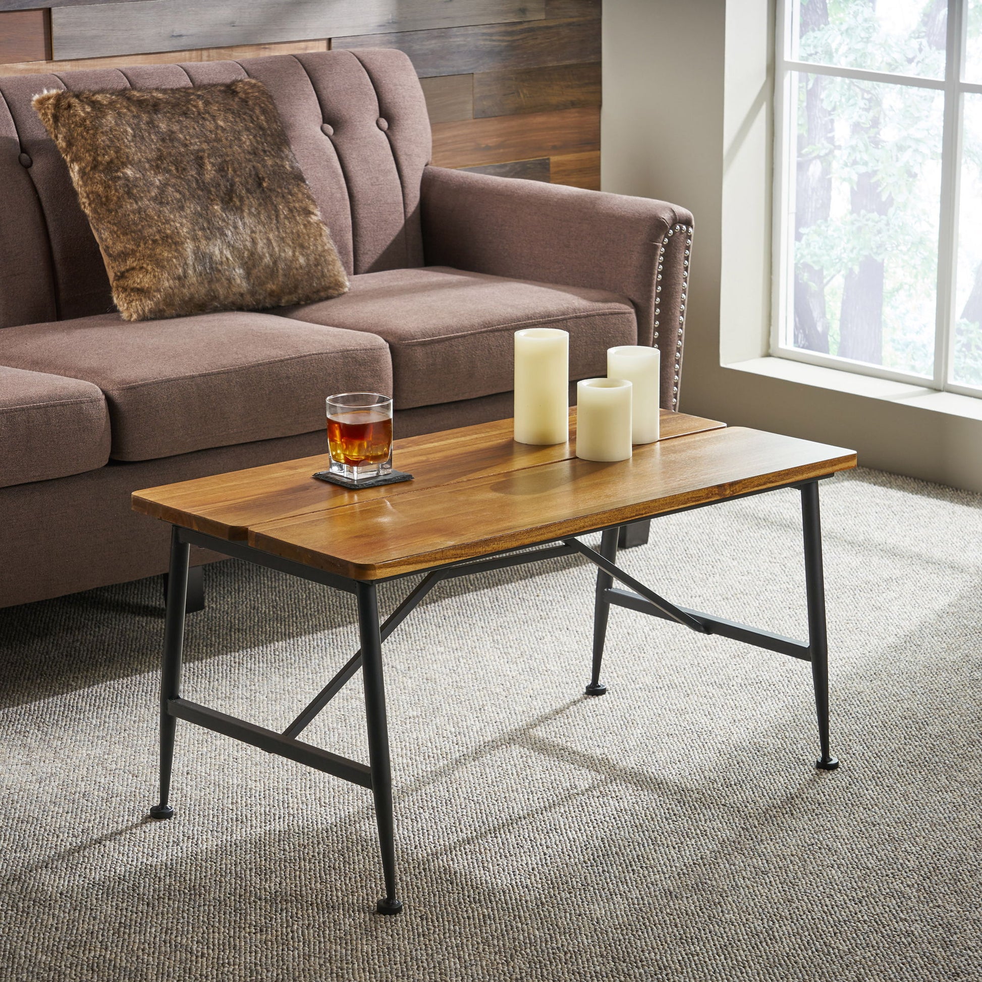 Rectangle Outdoor Coffee Table With Angled Tubular Legs And Wood Top - Black Noble House