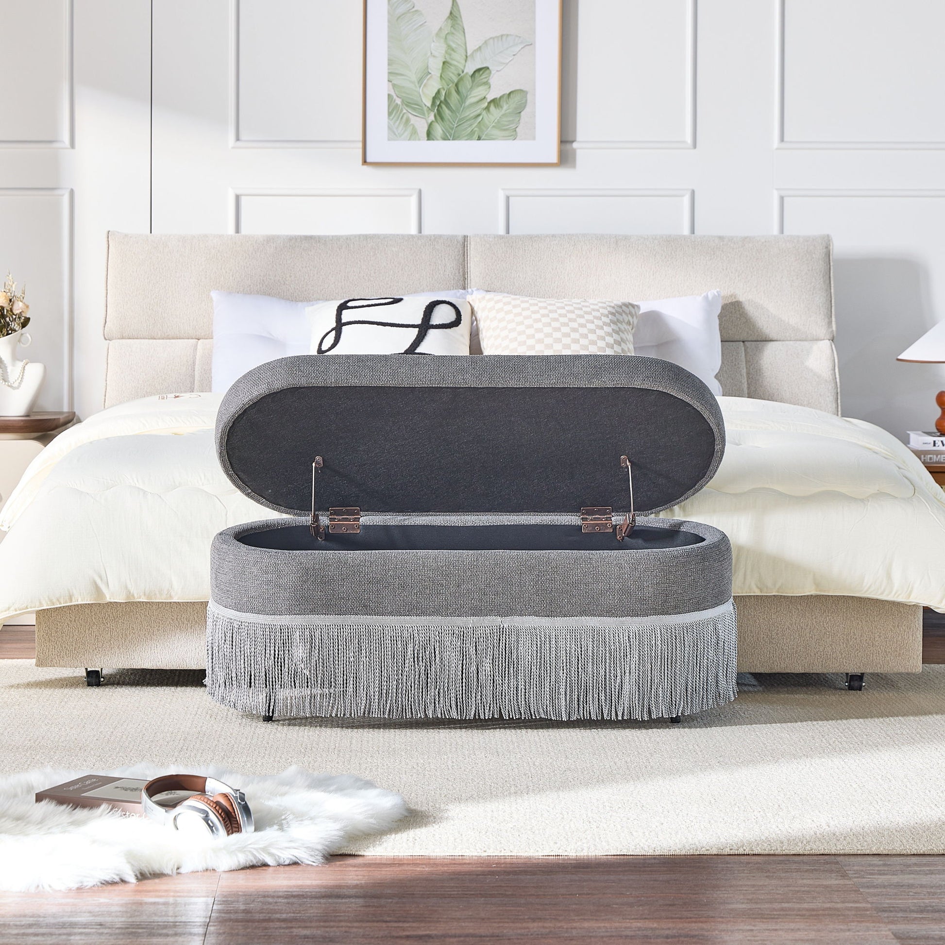 Oval Upholstered Storage Ottoman With Fringe Trim & Lift Top Lid Home Essentials