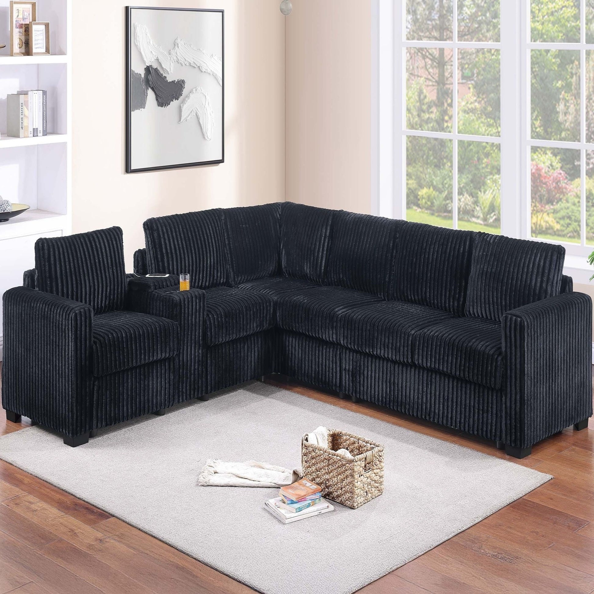 Modern Style L-Shape Sectional Set, USB Ports, Cup Holder Home Essentials