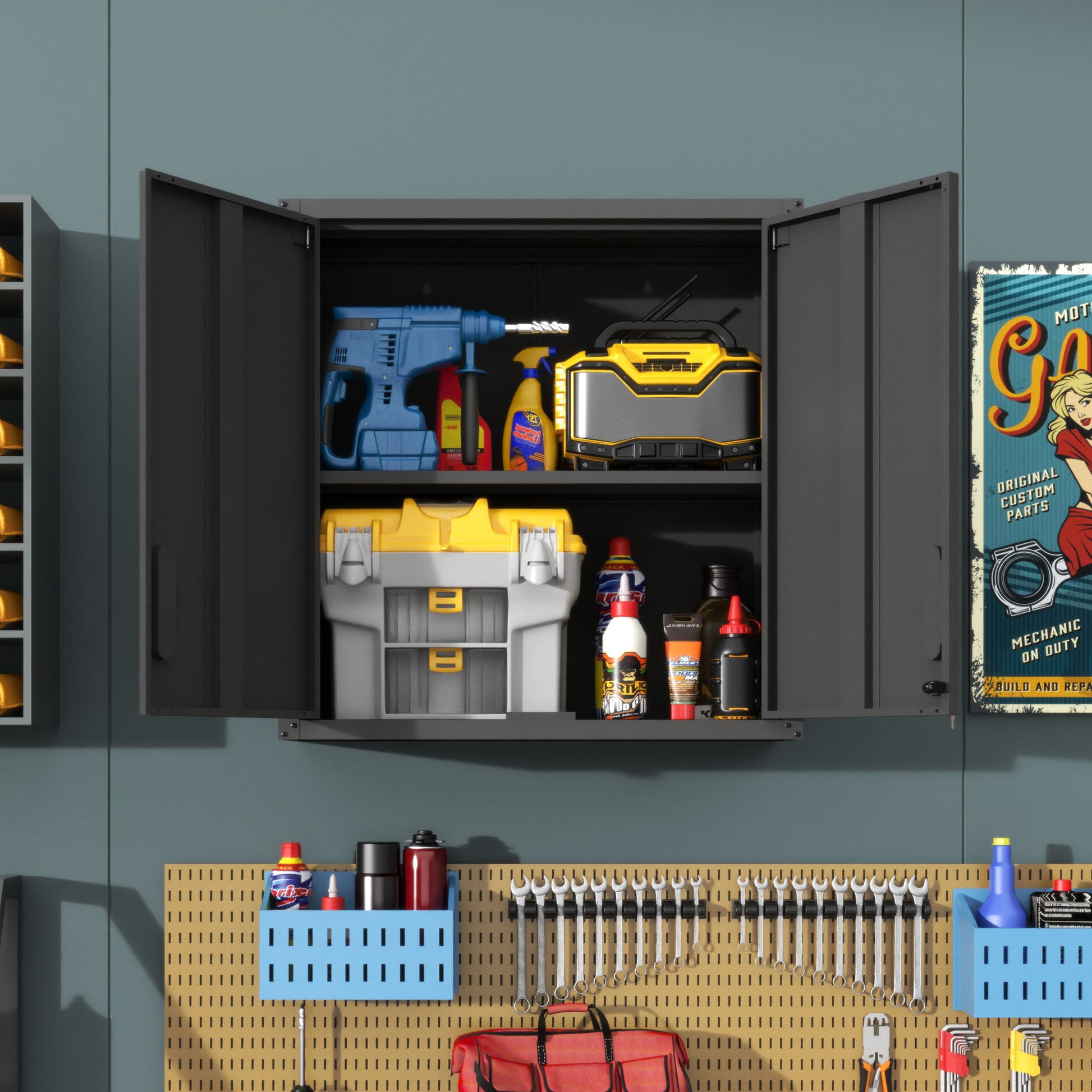 Metal Wall Mounted Tool Storage Cabinet With 2 Locking Doors, Adjustable Shelf, And Drawer Daily Nest
