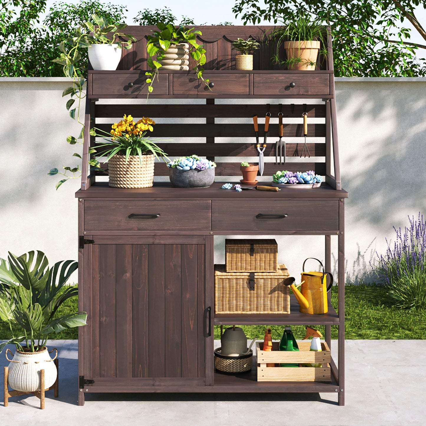 Potting Bench With 5 Drawer Storage And Slatted Back Panel, Garden Workstation - Brown Noble House