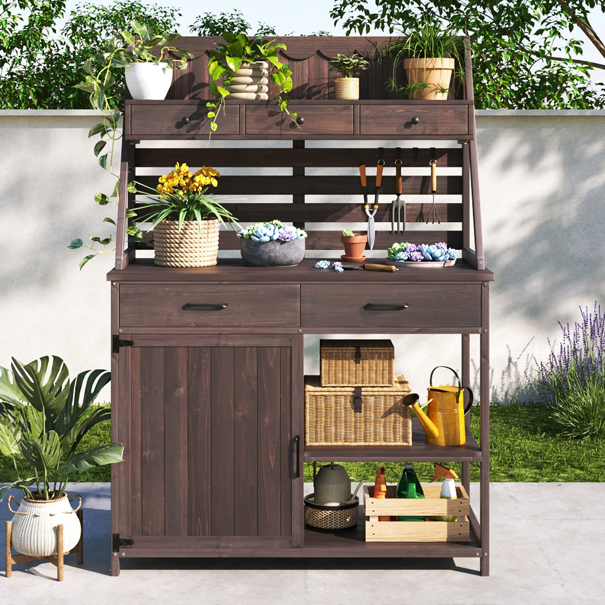 Potting Bench With 5 Drawer Storage And Slatted Back Panel, Garden Workstation - Brown Noble House