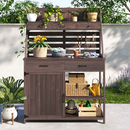 Potting Bench With 5 Drawer Storage And Slatted Back Panel, Garden Workstation - Brown Noble House
