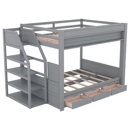 Wood Full Size Convertible Bunk Bed With Storage Staircase, Bedside Table, And 3 Drawers - Gray Hearth and Haven