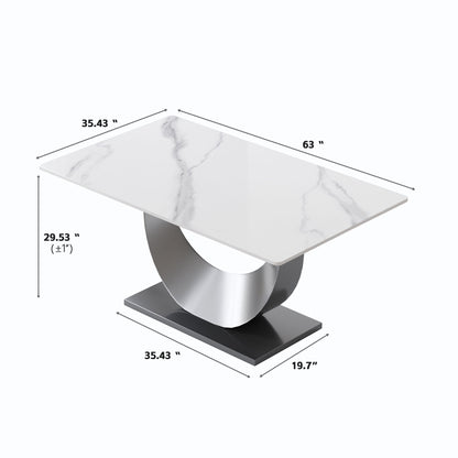 63" Modern Artificial Stone Crescent-Shaped Metal Legs, Can Accommodate 6-8 People - White / Black Home Essentials