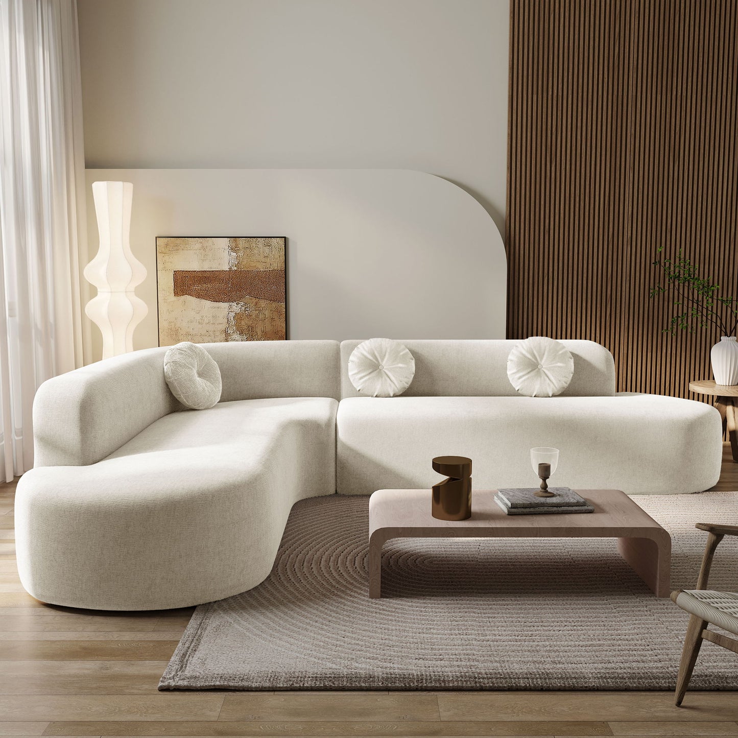 Extra Large Sectional Sofa Soft Fabric Upholstery, Elegant Curved Design With 3 Round Cushions, High - Resilience Foam For Ultimate Comfort - Beige Noble House