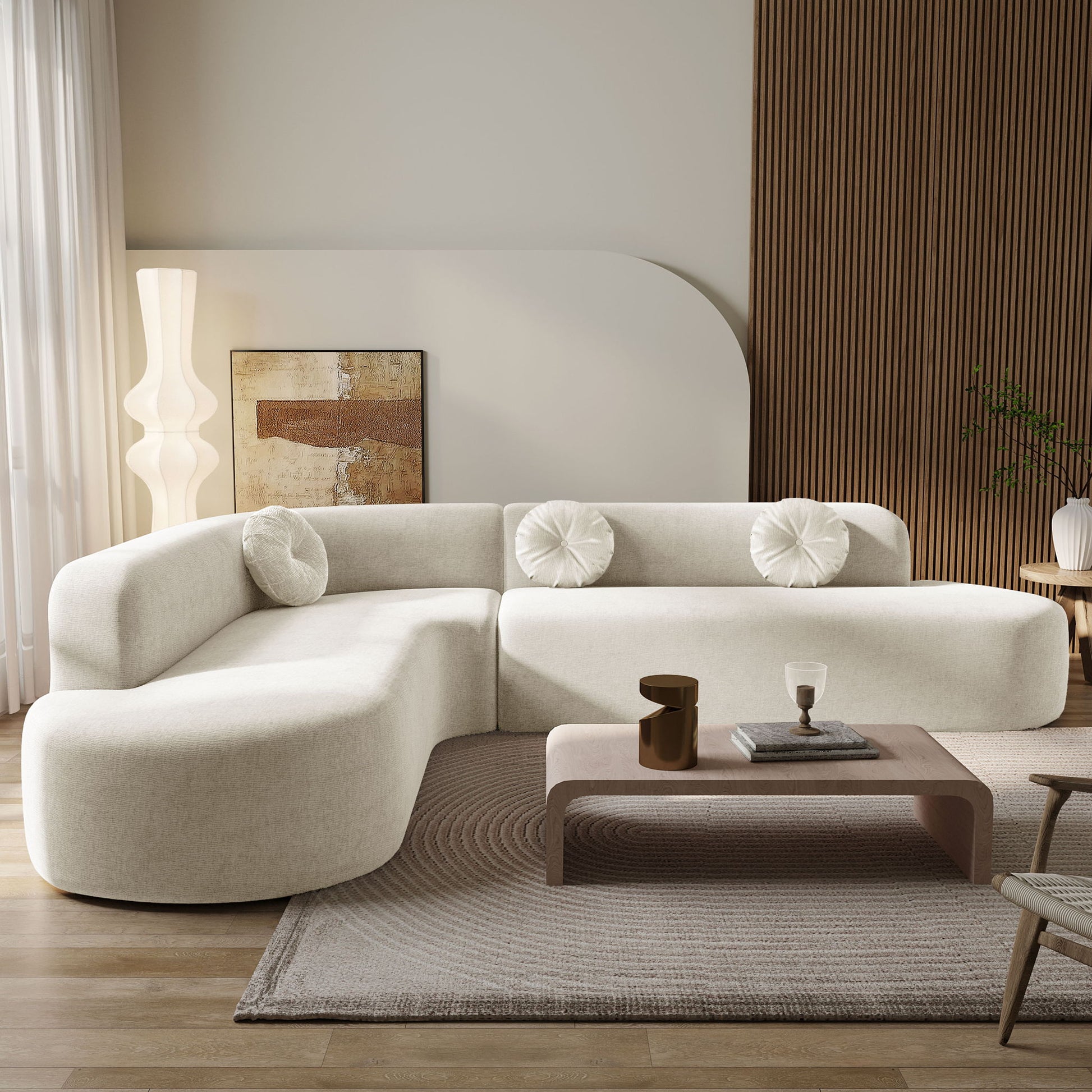 Extra Large Sectional Sofa Soft Fabric Upholstery, Elegant Curved Design With 3 Round Cushions, High - Resilience Foam For Ultimate Comfort - Beige Noble House